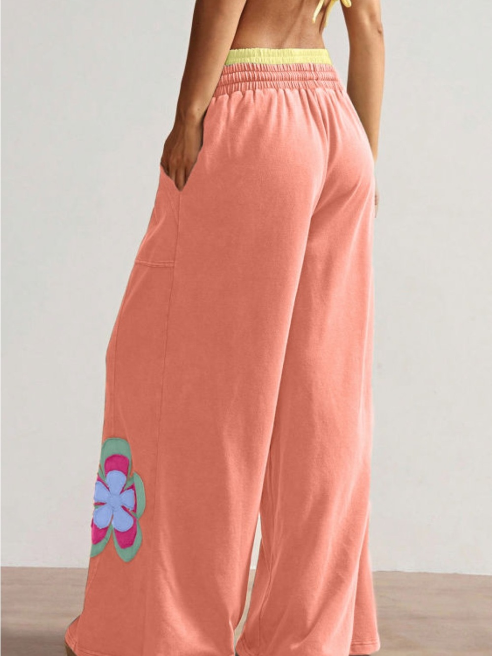 Women’s Wide-Leg Floral Appliqué Pants - Coral - Picture 3 of 9